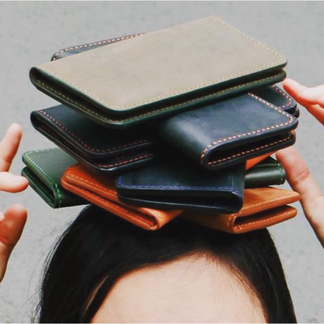 Ví da thật đựng tiền unisex nam nữ handmade may tay