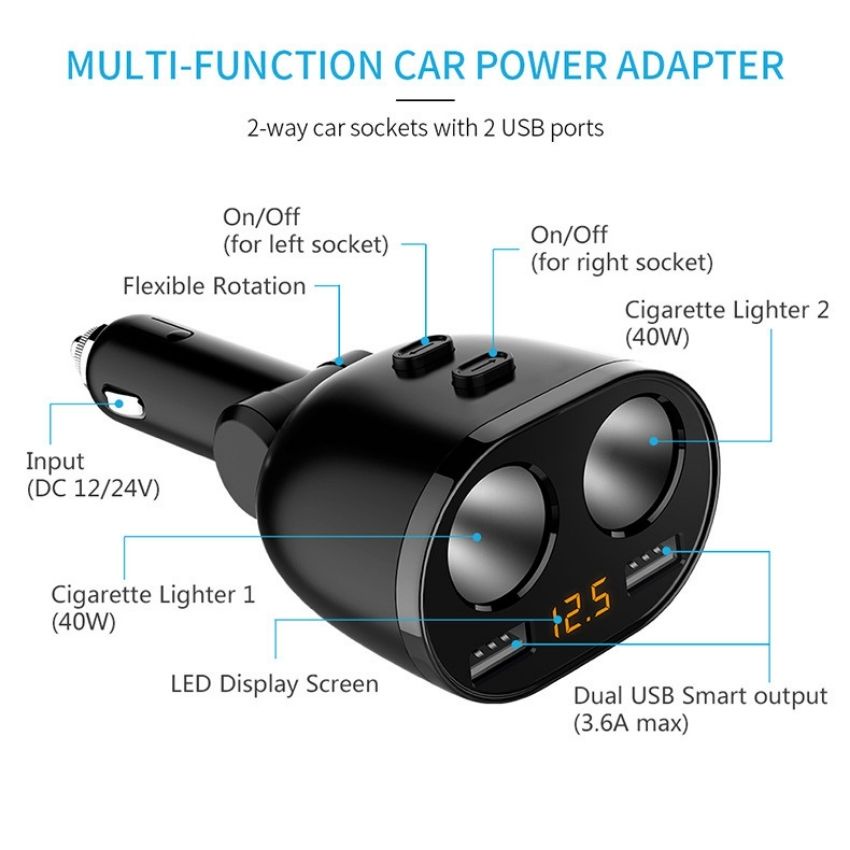 Bộ chia tẩu sạc ô tô HYUNDAI chia cổng usb trên oto 2 nguồn tẩu, 2 cổng sạc 3.1Amax - HY16