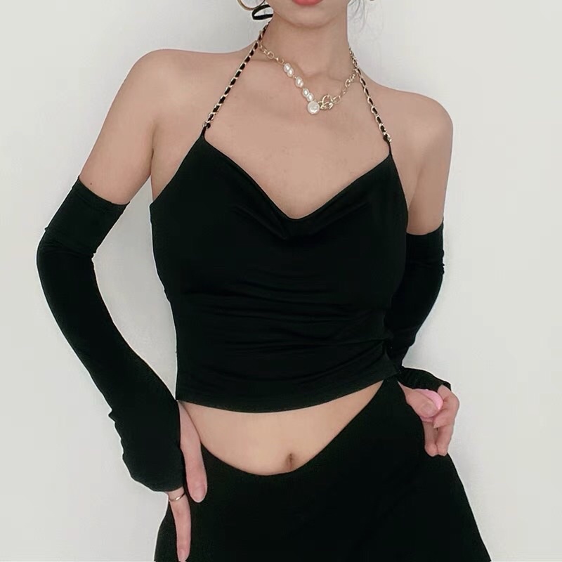 Áo croptop 2 dây cổ yếm dây xích sexy Hở lưng Cổ V Áo hai dây Dự tiệc đi bar pub club Gợi cảm Quyến rũ Sexy A98