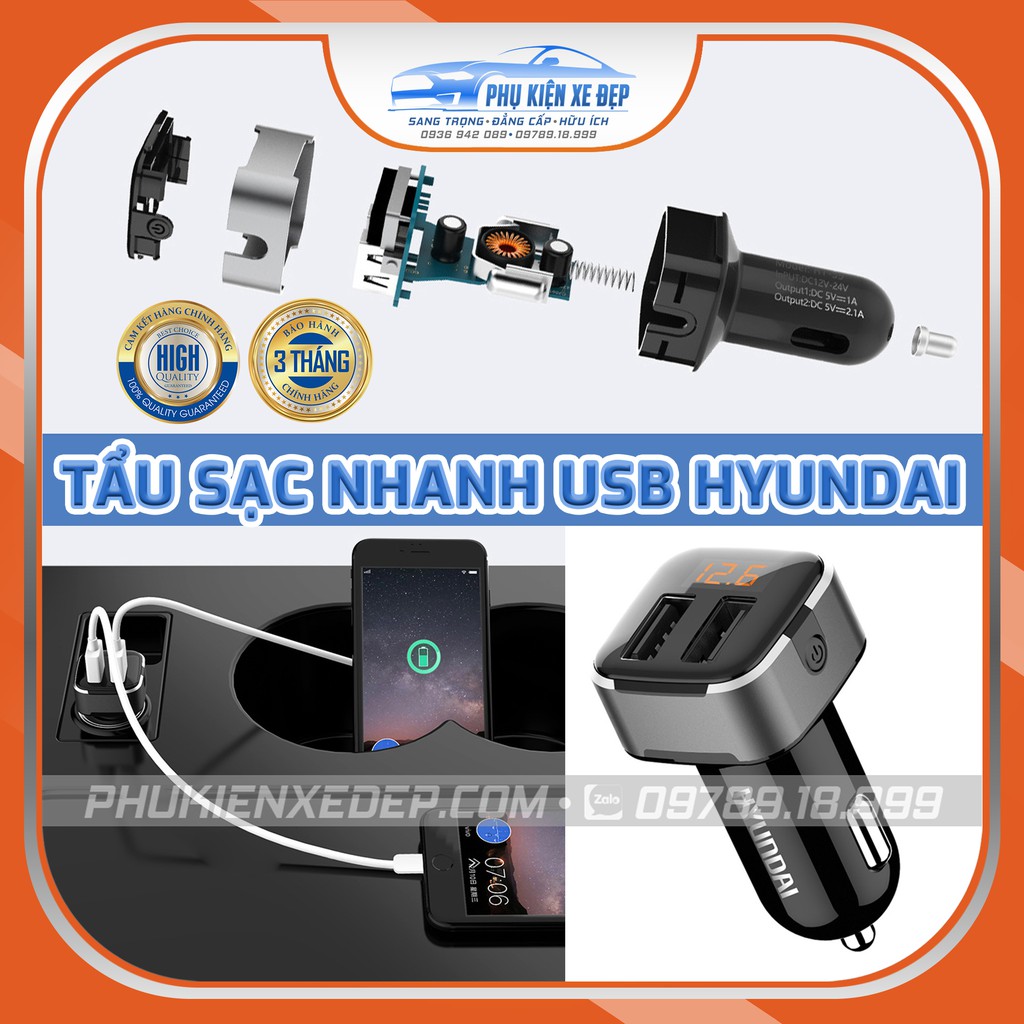 Tẩu sạc ô tô sạc nhanh ⚡FREESHIP⚡ 2 cổng USB Hyundai HY-39 chính hãng bảo hành 6 tháng đổi mới
