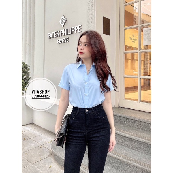 Sơ mi công sở nữ ngắn tay màu xanh