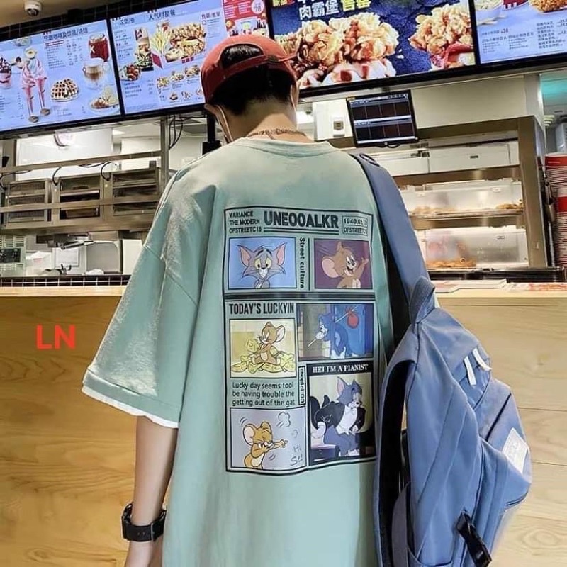 Áo phông mèo chuột ô vuông sau lưng LN11