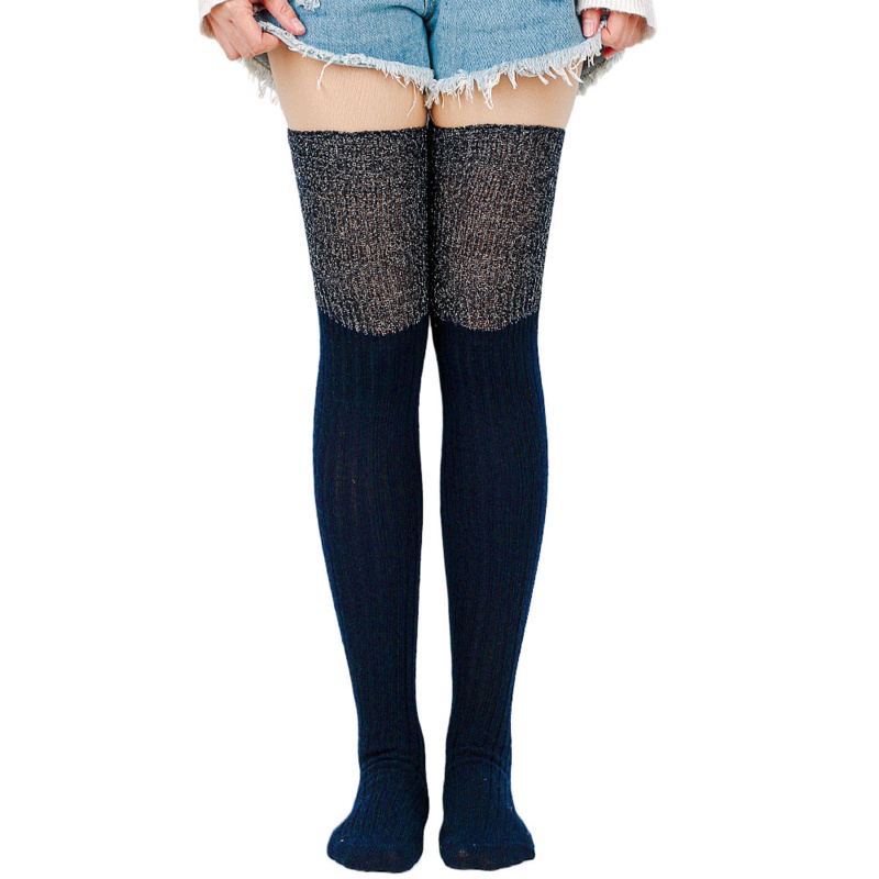 Xiangbao Tất Cotton Dệt Kim Dài Qua Gối Màu Sắc Tương Phản Lấp Lánh Cho Nữ