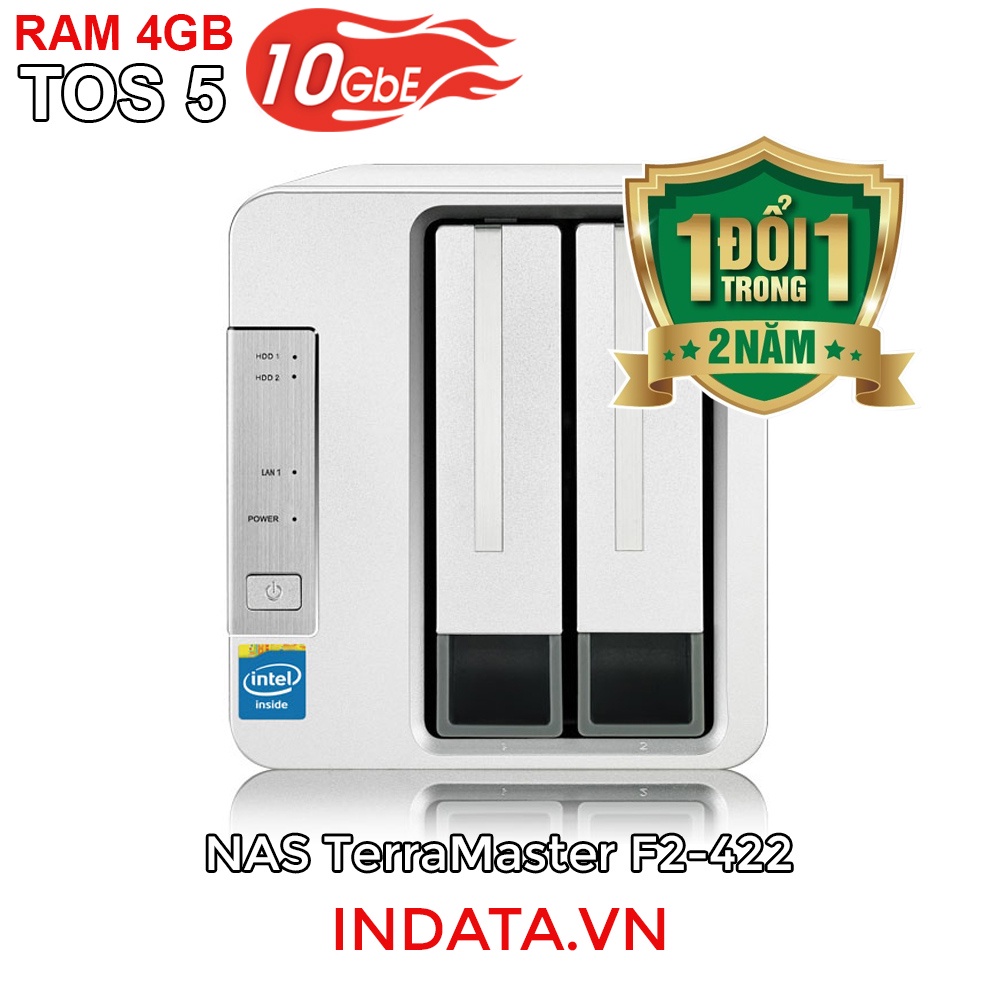 Bộ lưu trữ mạng NAS TerraMaster F2-422, LAN 10Gbps, Intel Quad-Core 1.5GHz, 4GB RAM, 651MB/s, 2 khay ổ cứng RAID