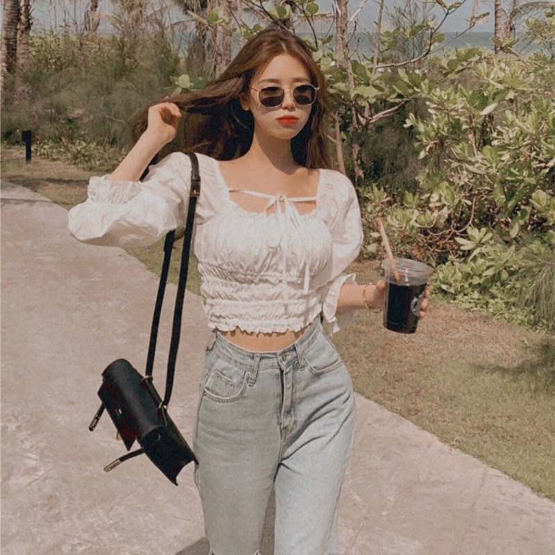 Áo Croptop Cổ Vuông 💖 VIDEO CẬN CHẤT 💖 Áo Trễ Vai Nhún Thân Phối Nơ Cổ Dễ Thương