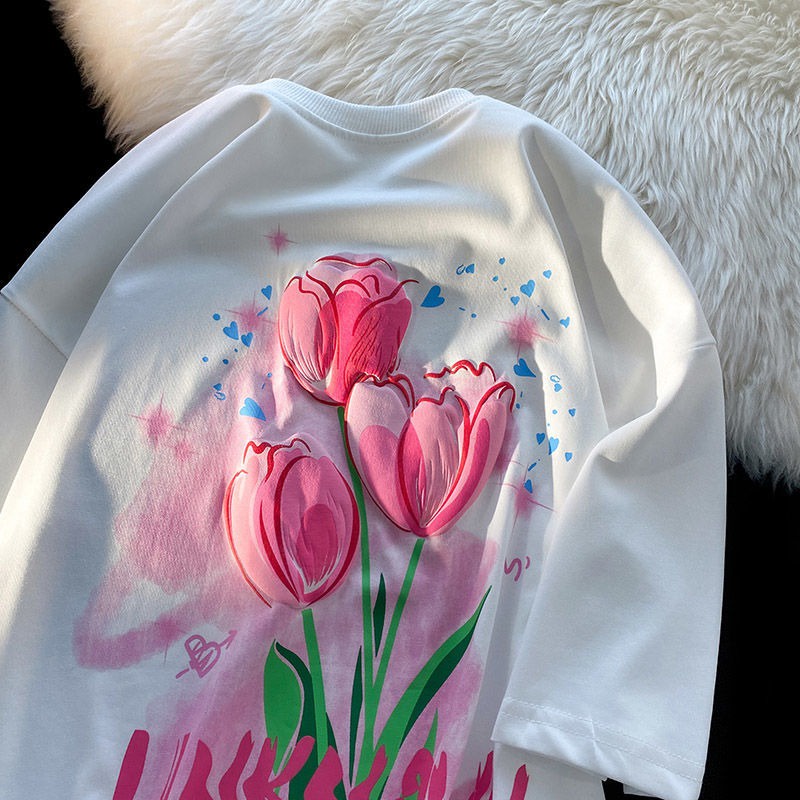 NRVP Áo thun mùa hè tay ngắn oversize in họa tiết phong cách Hàn Quốc cho nữ