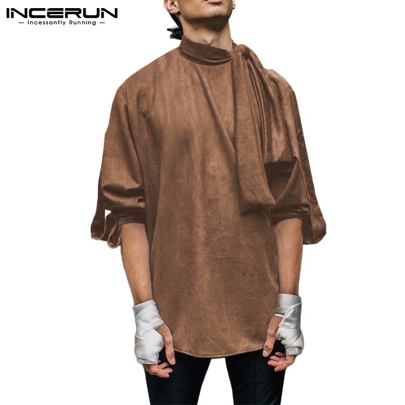 Áo INCERUN Dáng Rộng Tay Dài Cổ Phối Dây Thắt Màu Trơn Thời Trang Cho Nam