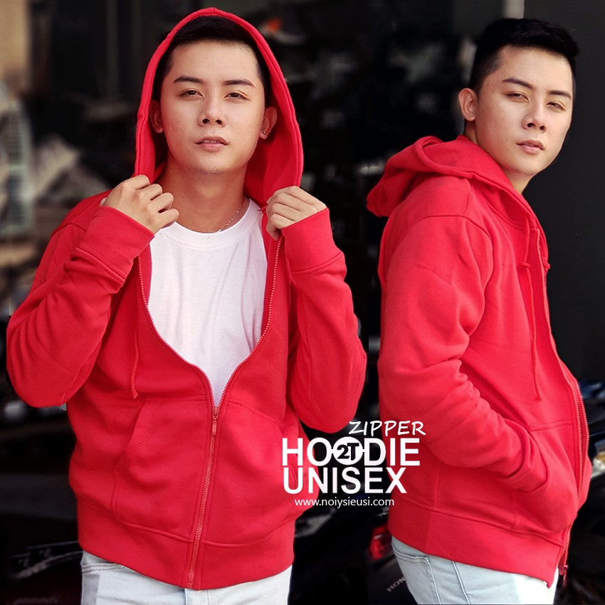 Áo hoodie zipper unisex 2T Store HZ08 màu đỏ tươi - Áo khoác nỉ dây kéo nón 2 lớp dày dặn chất lượng đẹp | BigBuy360 - bigbuy360.vn