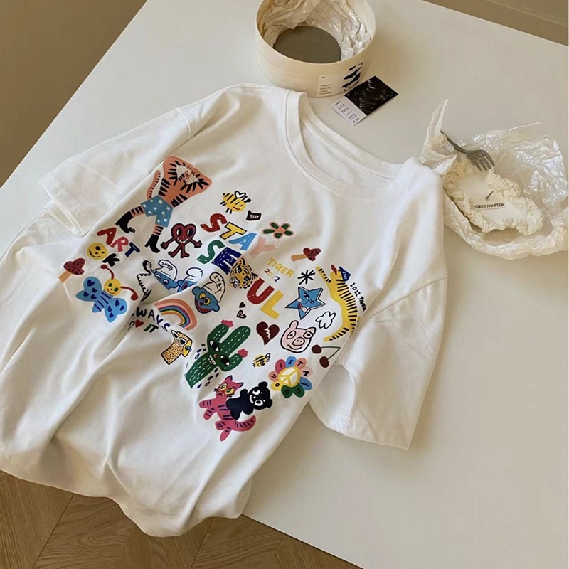 Áo thun HIIXIIVI 100% cotton tay ngắn cổ tròn in họa tiết phong cách Hàn Quốc thời trang mùa hè 2022 cho nữ
