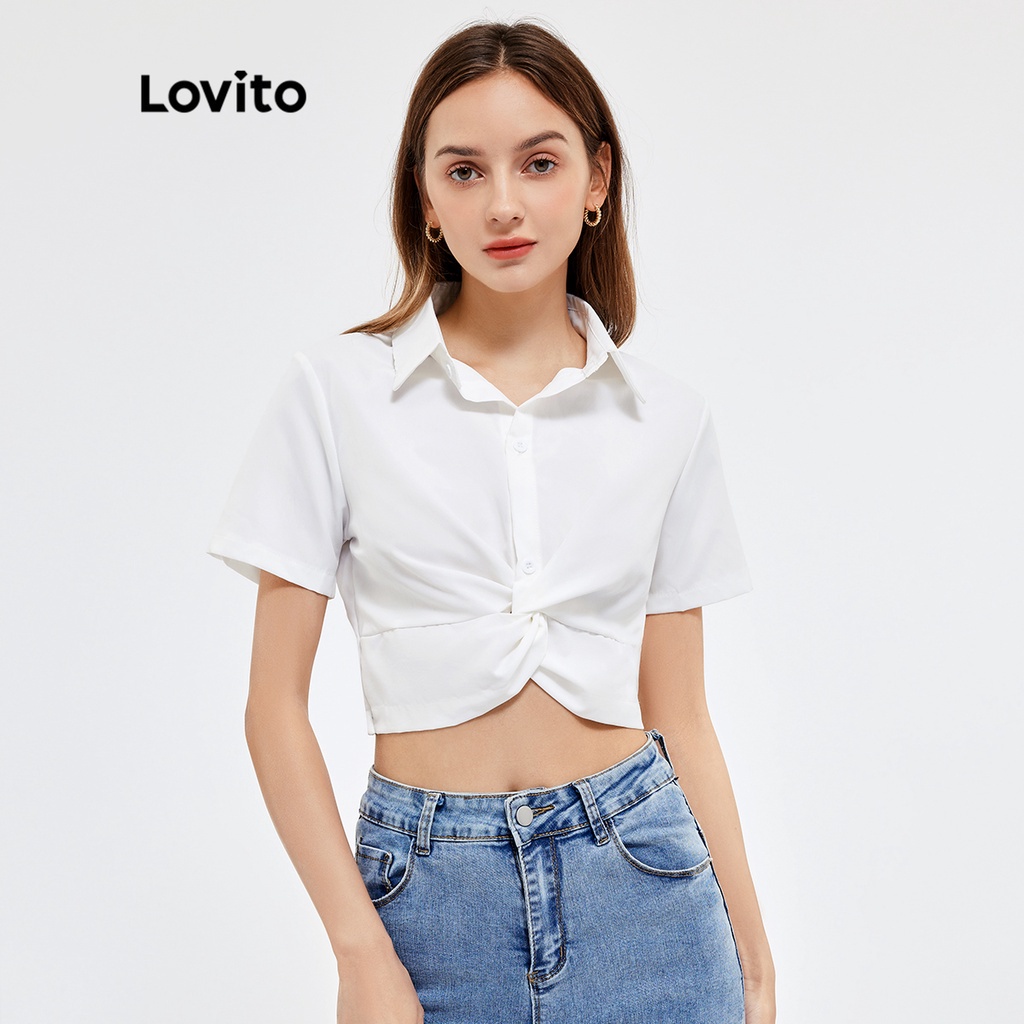 Áo kiểu Lovito thường ngày màu trơn có cổ tay ngắn kiểu xoắn dáng ngắn L25AD034 (màu trắng)