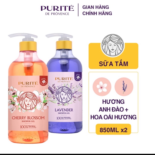 ComBo 2 sữa Tắm purite 850ml Hoa Anh Đào + Hoa oải Hương 850ml