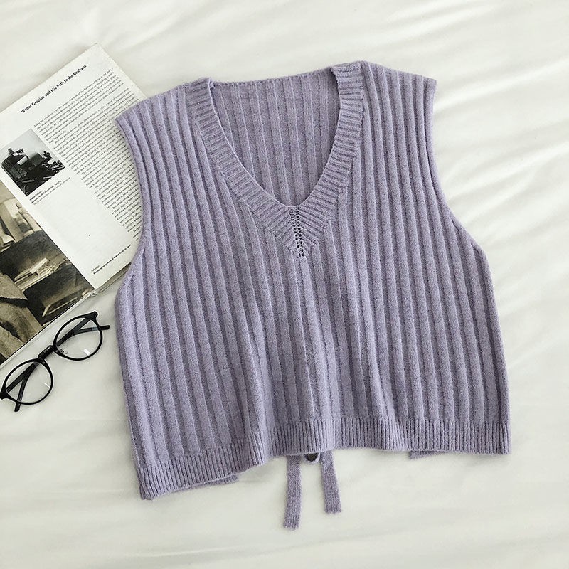 Áo khoác dạ cổ chữ V 2021 ghi lê dệt kim kết hợp tất cả các len vest ngắn tay nữ
