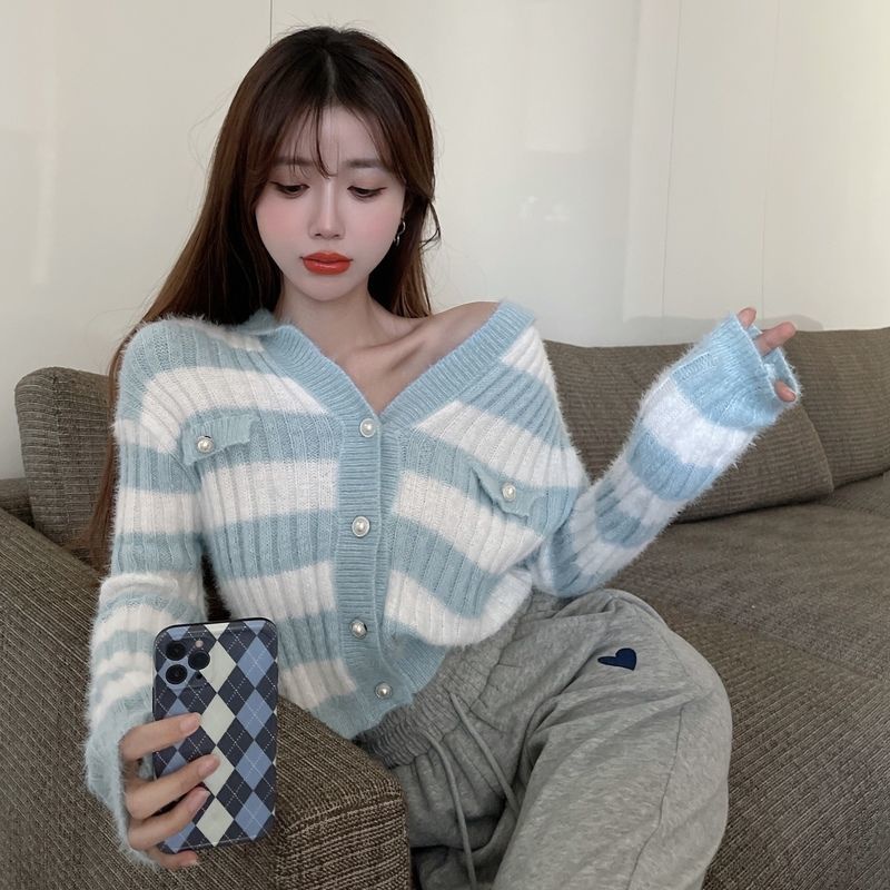 Áo Khoác Cardigan Dệt Kim Tay Dài Có Mũ Trùm Đầu Hoạ Tiết Kẻ Sọc Phong Cách Hàn Quốc Mới