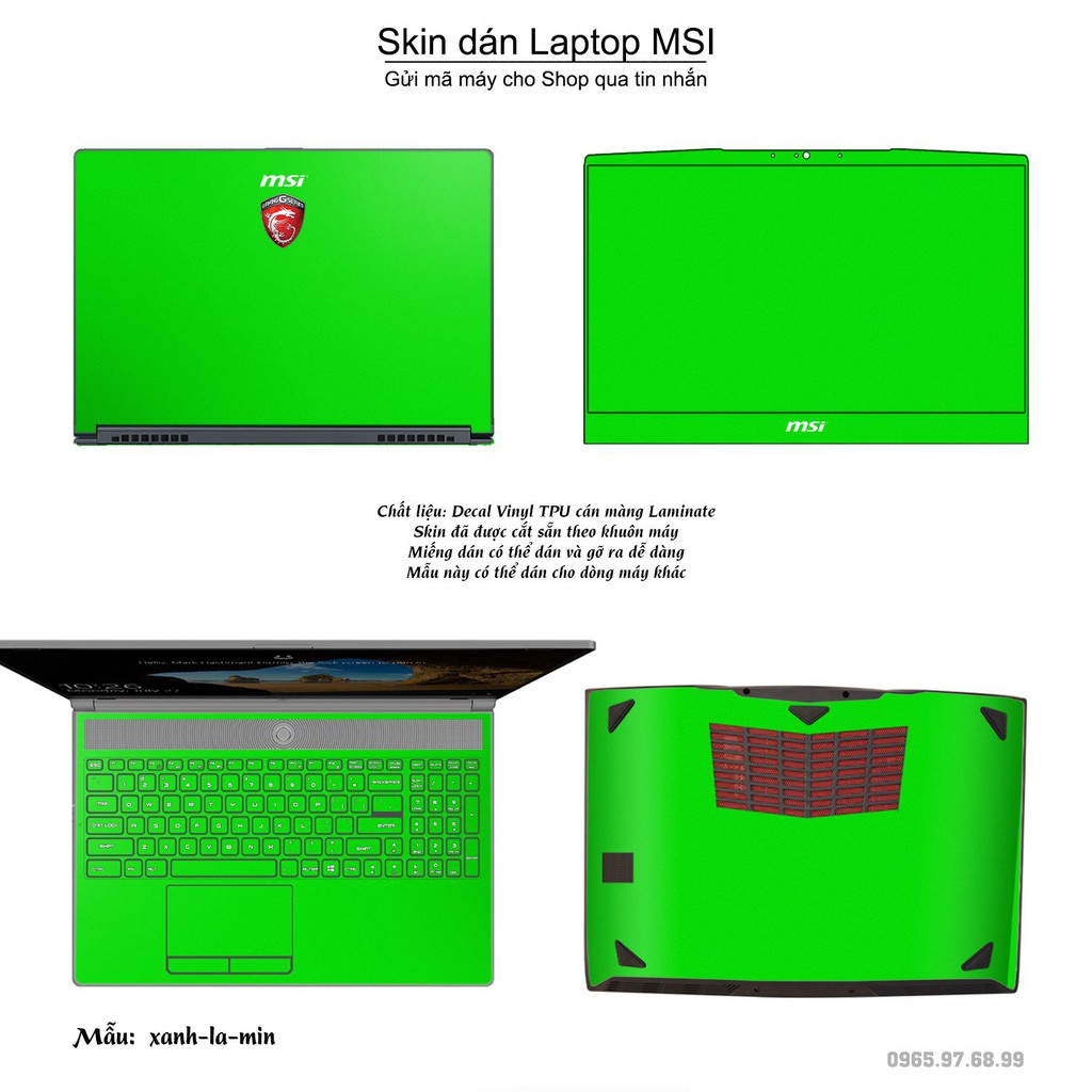 Skin dán Laptop MSI màu xanh lá mịn (inbox mã máy cho Shop)