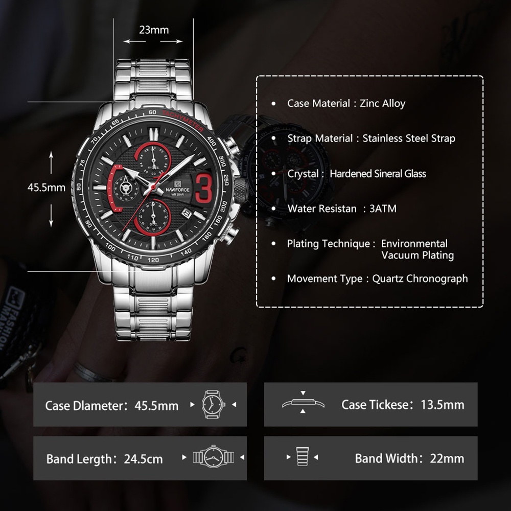 Naviforce Đồng Hồ Quartz Chronograph Chống Thấm Nước Chất Liệu Thép Không Gỉ Thời Trang Cho Nam 8017
