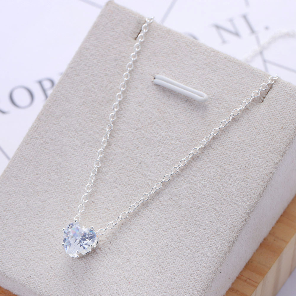 Thời Trang vòng cổ Bạc Mặt Trái Tim Đính Đá Sapphire Trắng