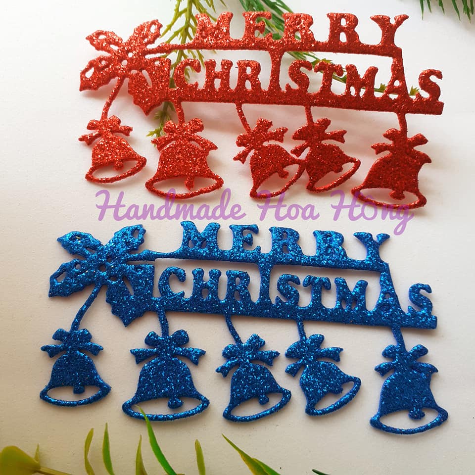 4 set trang trí thiệp giáng sinh có chữ Merry Christmas và dây chuông, 10 x 5cm, bằng giấy xốp kim tuyến / xốp nhũ