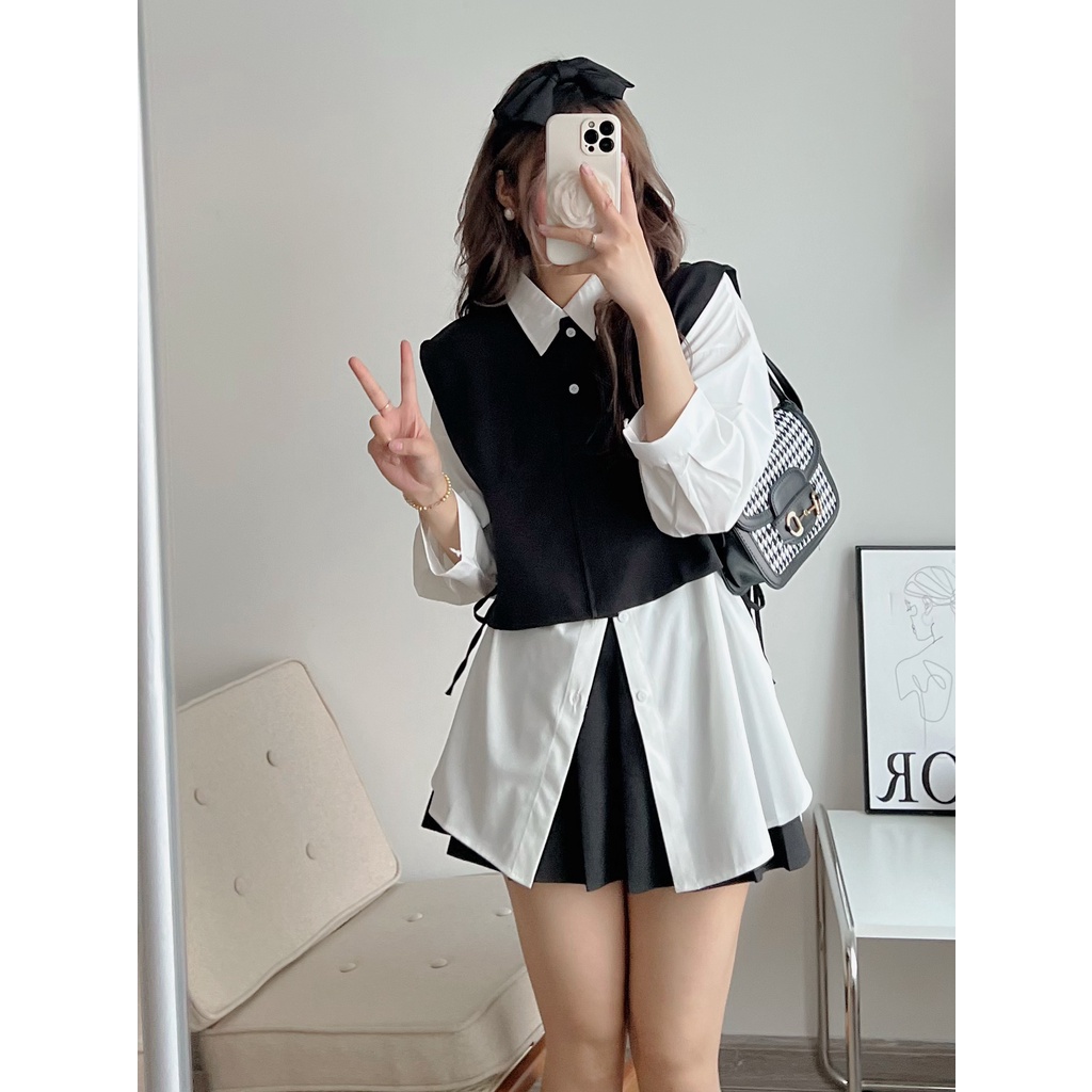 Set áo sơ mi 2 món mix áo gile buộc dây, set áo kiểu buộc dây 2 bên