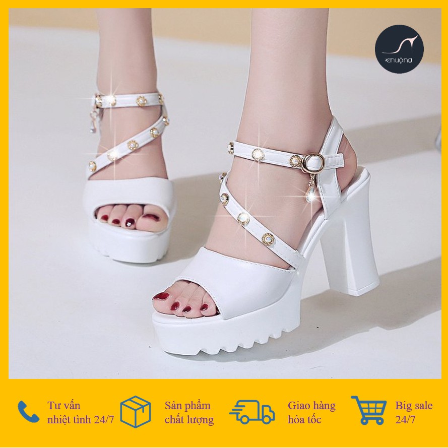 Giày đế cao giày Chuộng SIÊU NHẸ ĐÍNH KIM CƯƠNG, giày đế vuông cao gót quai chéo hậu kim cương 10,5cm