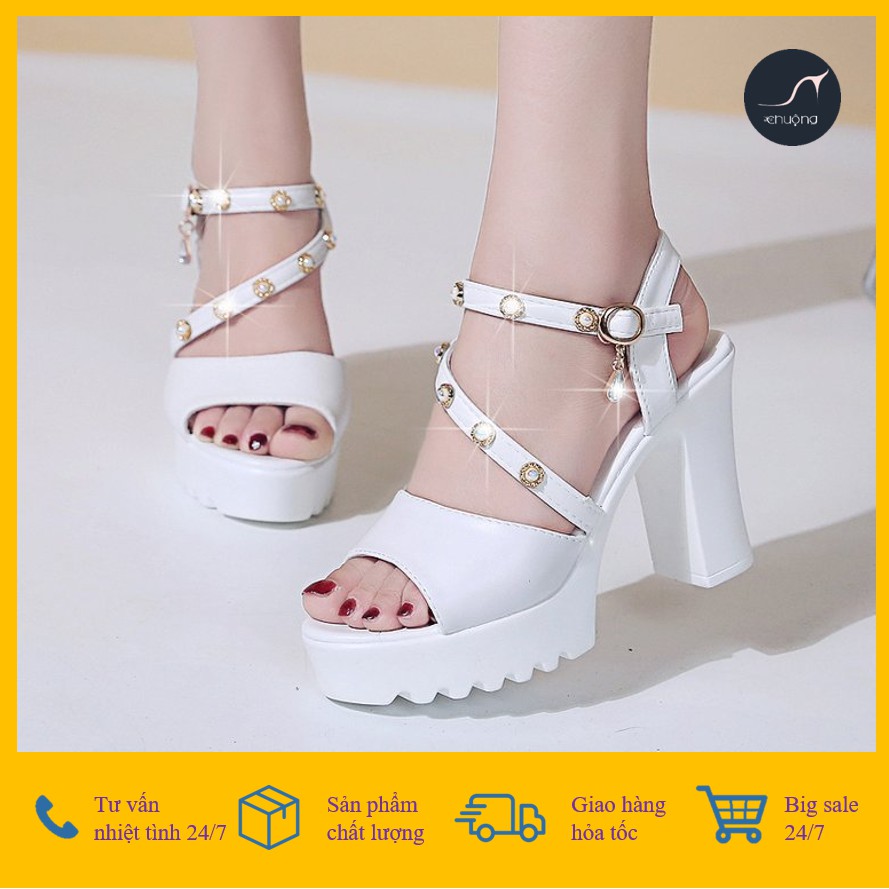 [ ẢNH THẬT ] GIÀY SANDAL SIÊU NHẸ CAO GÓT VUÔNG ĐÍNH KIM CƯƠNG THỜI TRANG HÀN QUỐC 10,5CM