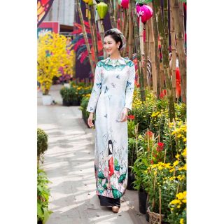 Áo dài gấm in hình hoa sen hồng kèm mấn cao cấp,có hình thật