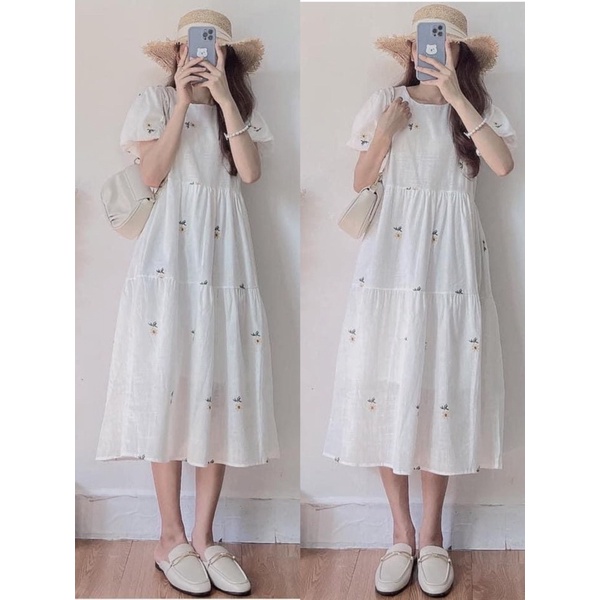 Váy babydoll trắng hoa cúc thắt dây eo 2 mẫu / Đầm suông hoa nhí cộc tay (Ảnh thật ở cuối)
