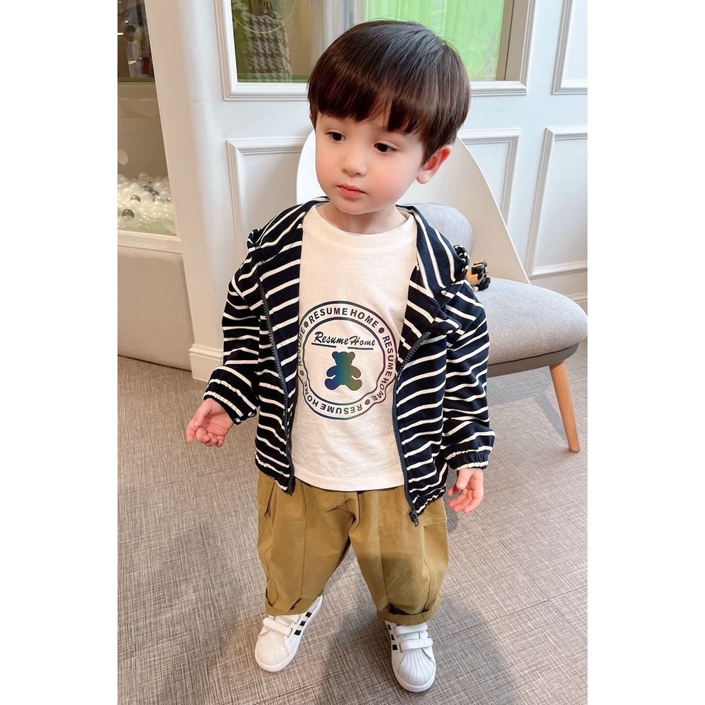 Áo Khoác Cardigan Có Nón Họa Tiết Kẻ Sọc Phong Cách Hàn Quốc Nhật Bản Mới 2022 Cho Bé Trai