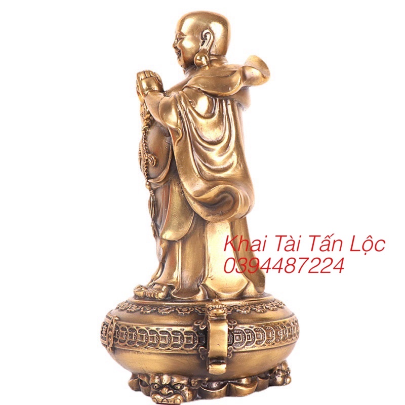 TƯỢNG PHẬT DI LẶC CẦM CHỮ PHÚC ĐỨNG TRÊN CHẬU TỤ BẢO BẰNG ĐỒNG 20cm