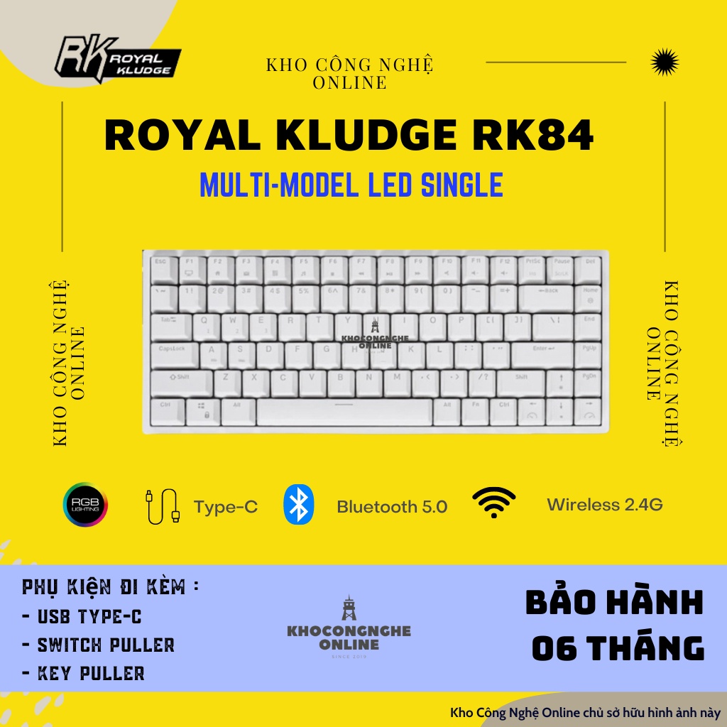 Bàn phím cơ máy tính Royal Kludge RK84 Hotswap kết nối 3 chế độ (Bluetooth 5.0  | Wireless 2.4G | Dây type C)