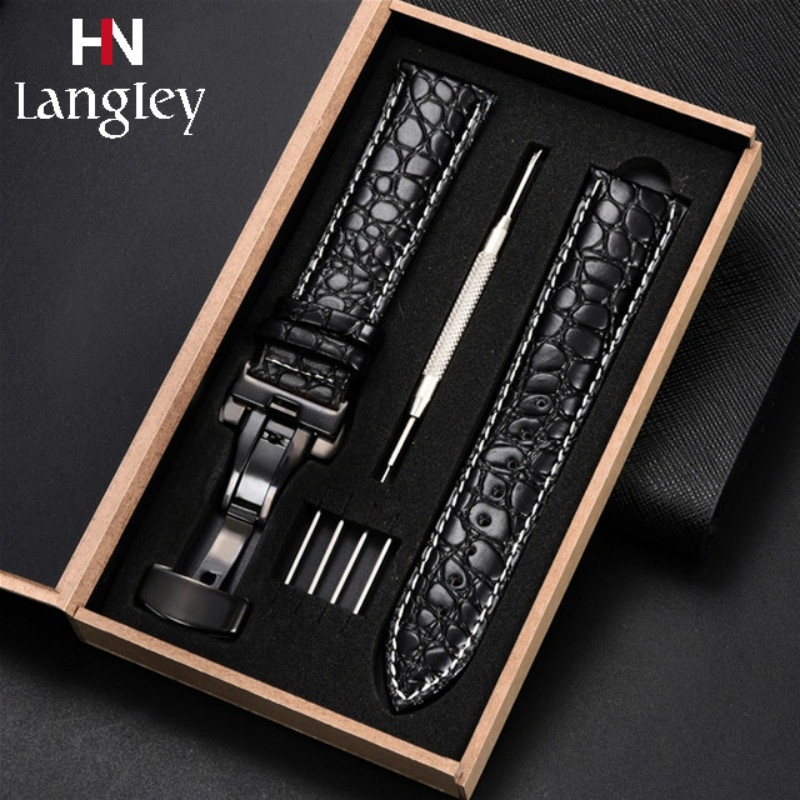 Dây đeo đồng hồ bằng da khóa bướm có hộp gỗ đẩy đôi chính hãng 18mm 20mm 22mm 24mm