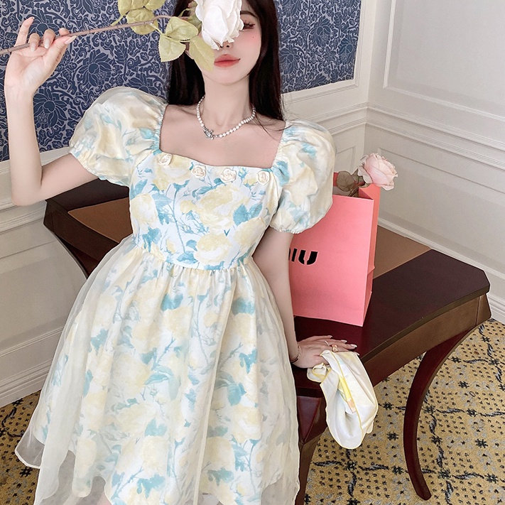 Đầm Perty tay phồng in họa tiết hoa phong cách Hàn Quốc xinh xắn cho nữ