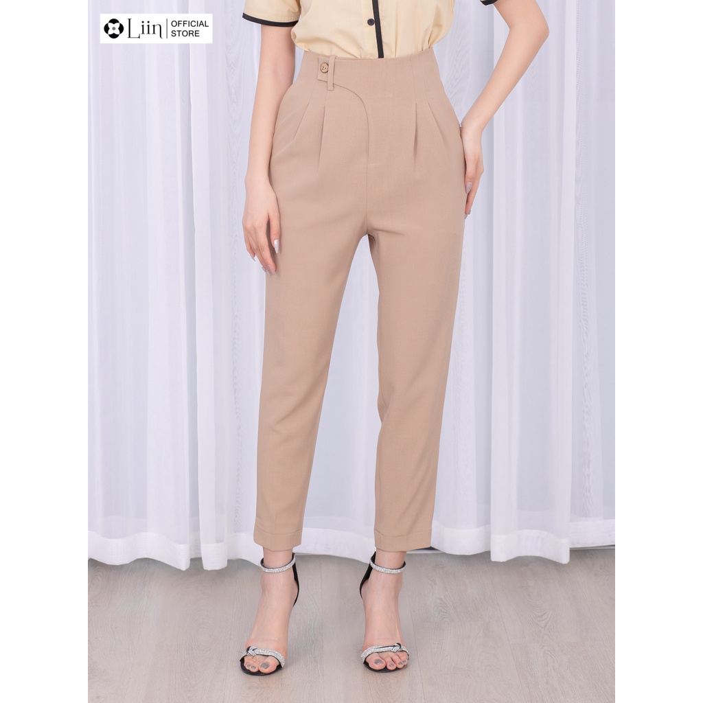 Quần tây nữ dáng dài Linbi màu be phối cạp chéo hiện đại, thanh lịch Liin clothing Q3444