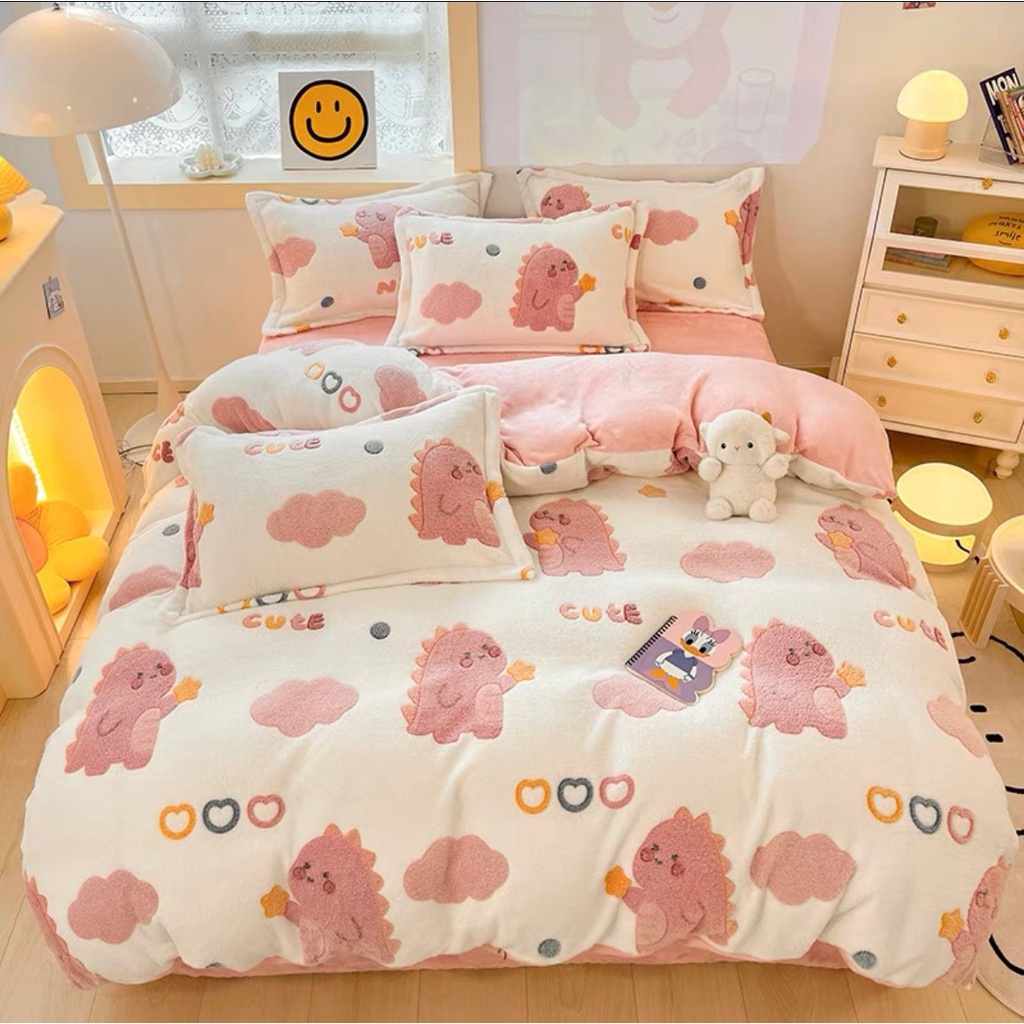 Bộ chăn ga gối nỉ nhung 5D cao cấp ga gối nỉ nhung tuyết sữa mới nhất hoạ tiết đáng yêu siêu mềm không rụng lông