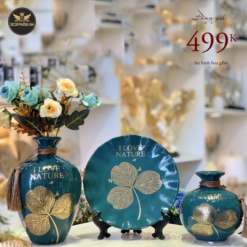 Bộ 3 món bình hoa - lọ hoa trang trí decor hút tài lộc trang trí phòng khách.