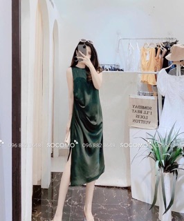 Váy lụa xẻ tà nhúm lệch vạt