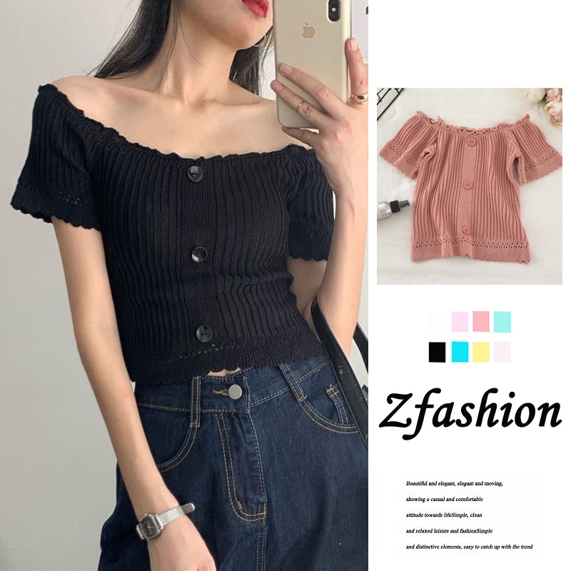 Áo Kiểu Dệt Kim Mỏng Tay Ngắn Hở Vai Nhiều Màu Phong Cách Pháp Thanh Lịch Cho Nữ