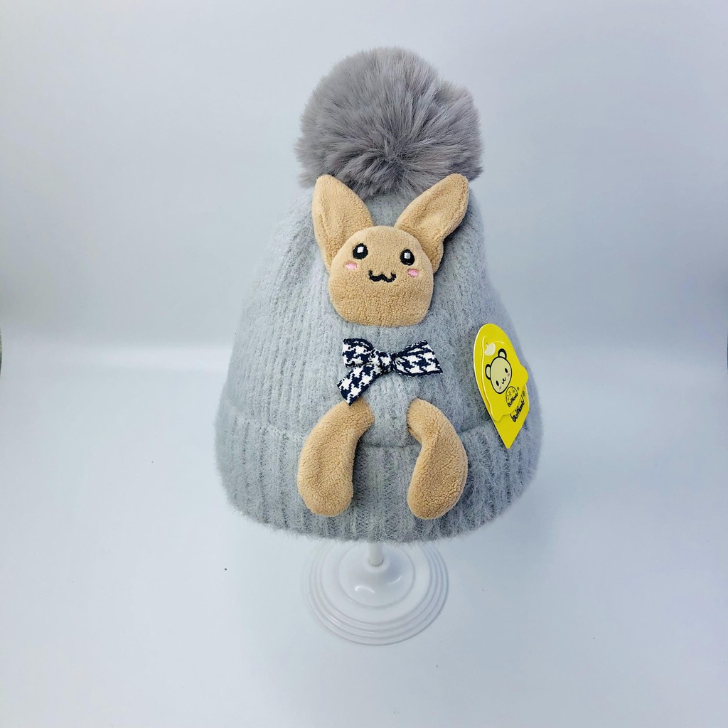 Mũ beanie, nón len cho bé hình thỏ có quả bông cực yêu, siêu ấm áp