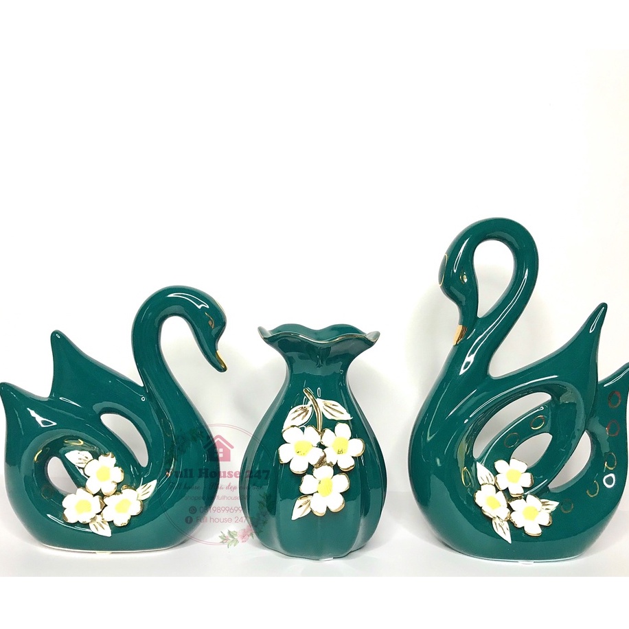 Bộ 3 chi tiết bình hoa và đôi thiên nga xanh hàng gốm sứ decor cao cấp trang trí nhà cửa phòng khách