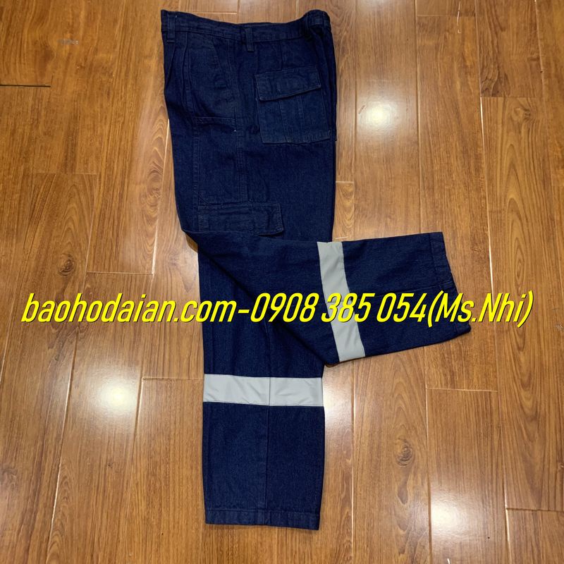 Quần jean điện lực may kèm phản quang poly xám- Hình thật