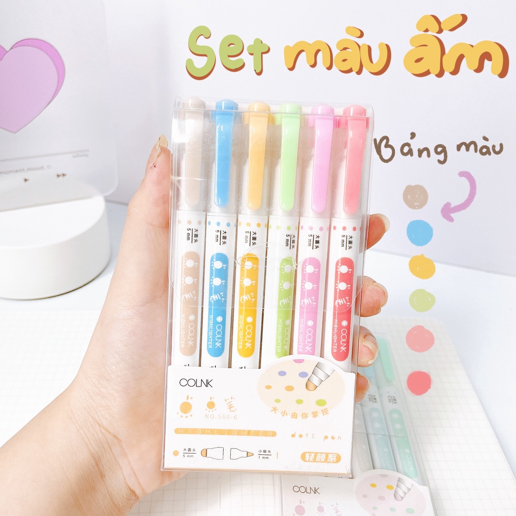 SET 6 BÚT HIGHLIGHT 2 IN 1 CHẤM TRÒN ĐÁNH DẤU BÀI MÀU SẮC BẢN DUPE ZIG Clean Color Dot TRANG TRÍ SỔ TAY BULLET JOURNAL