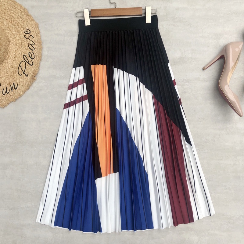 Chân Váy midi Xếp Ly Lưng Cao Màu Tương Phản Thời Trang Mùa Hè Phong Cách Hàn Quốc Cho Nữ