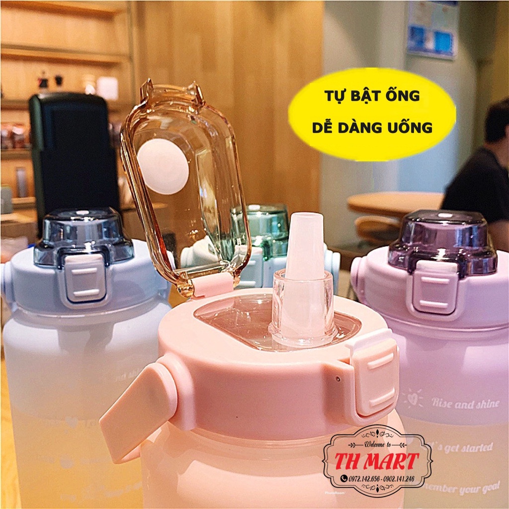 Bình nước 2 lít thông minh chia vạch báo giờ uống nước dễ thương cute thể thao có ống hút