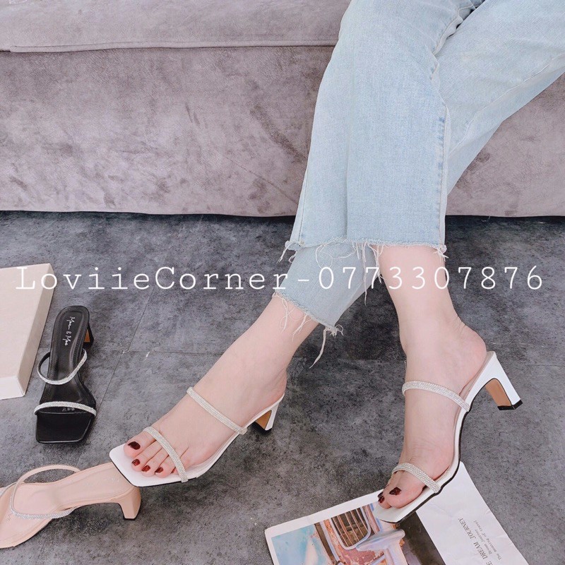 [Mã SKAMFSW175 giảm 10K đơn 50K] GUỐC NỮ LOVIIECORNER GÓT VUÔNG - DÉP CAO GÓT 2 DÂY MẢNH ĐÍNH ĐÁ 5 PHÂN D210109