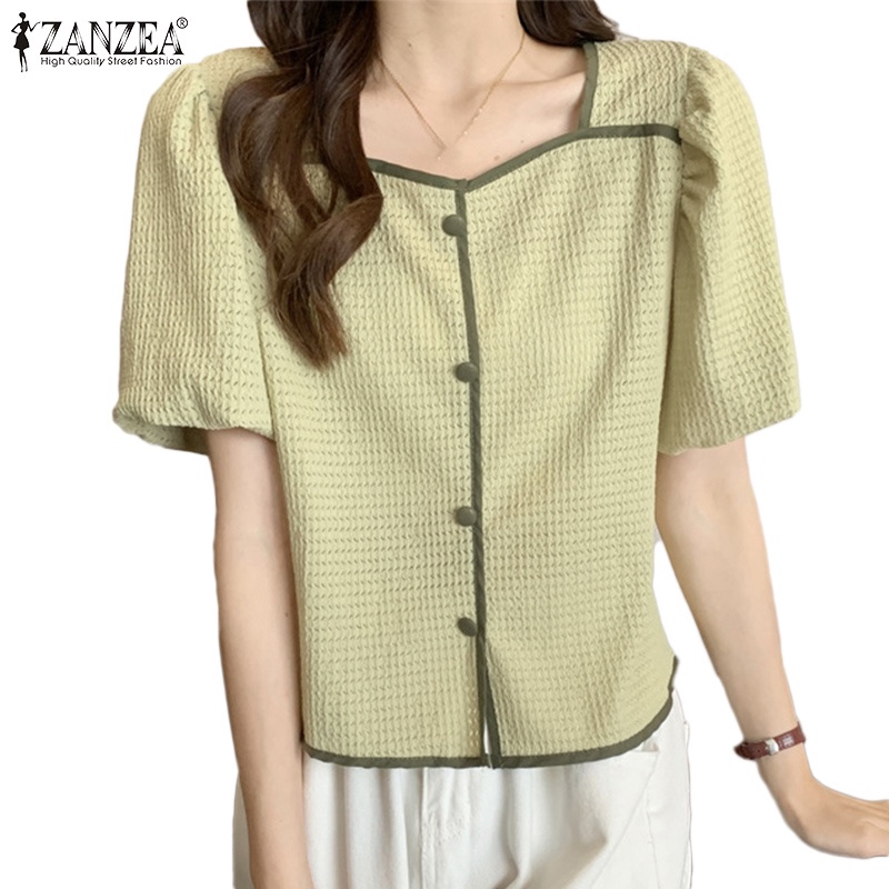 Áo kiểu ZANZEA ngắn tay cổ vuông phối nút thời trang Hàn Quốc cho nữ