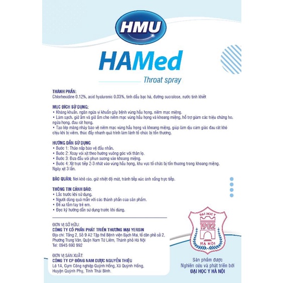 Xịt họng HMU HAMed hỗ trợ giảm ho, ngứa họng, đau rát họng