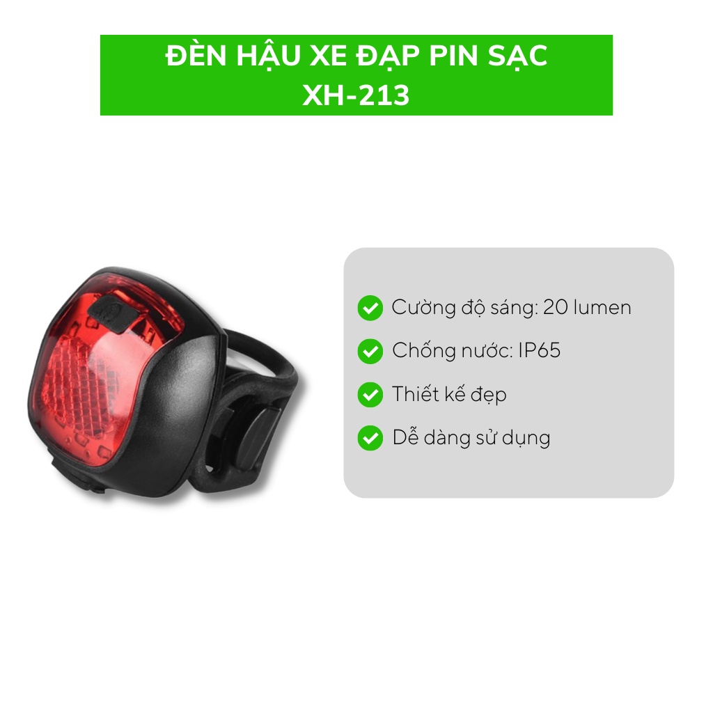 Đèn hậu xe đạp pin sạc XH-213, cường độ sáng 20 lumen