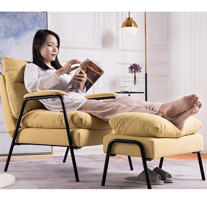 Ghế lười cao cấp - Ghế bành sofa thư giãn nằm đọc sách xem phim kèm đôn chân sắt vàng đen