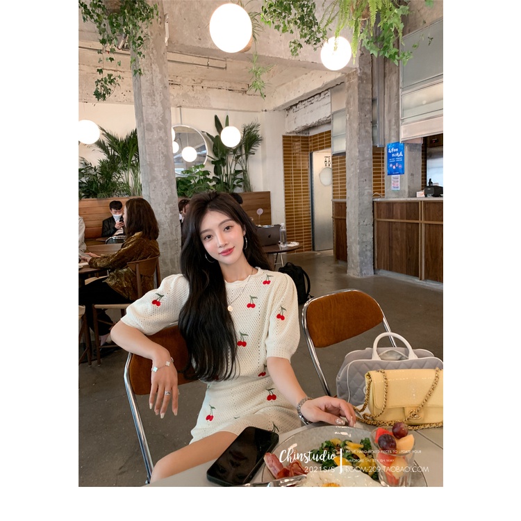 DUNEA Set đồ gồm áo dệt kim cổ chữ V thêu hình trái cherry + chân váy thời trang gợi cảm