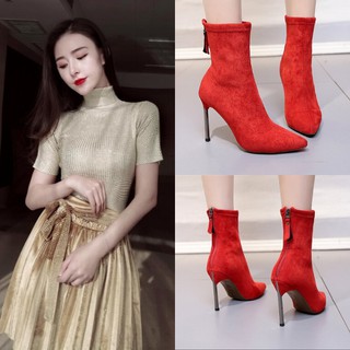 Giày boot nữ cổ lửng da lộn màu đỏ đô GBMN-01B4
