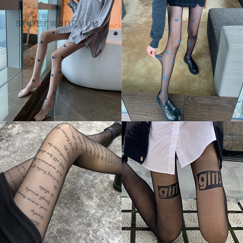 Quần Tất Lụa Màu Đen Siêu Mỏng Chống Rách In Họa Tiết Chữ Ngẫu Nhiên Thời Trang Cho Nữ